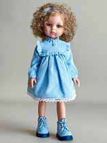 Вельветовое платье для куклы Paola Reina 33 см, на кокетке с рюшами, голубое, + ОБОДОК