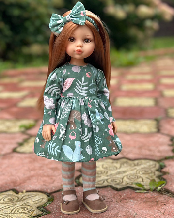 Платье для куклы Paola Reina 33-36 см, сатин, Горчица, зеленое с белочками