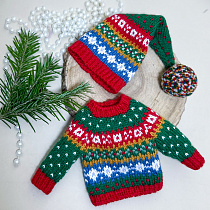Комплект "Рождество" вязанный новогодний для куклы Paola Reina 33 см, Свитер с орнаментом, колпак